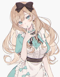  alice_(alice_in_wonderland) alice_in_wonderland apron black_bow blonde_hair blue_dress blue_eyes blue_nails bow bow_earrings bowtie buttons closed_mouth commentary dress earrings female flower_button grey_background hairbow highres jewelry key key_earrings long_hair looking_at_viewer puffy_short_sleeves puffy_sleeves satsuki_(miicat) short_sleeves simple_background smile solo striped_bow striped_bowtie striped_clothes upper_body white_apron 