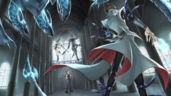  3boys apollo_hotori armor back bare_shoulders belt black_footwear black_pants black_shirt blonde_hair blue_footwear blue_headwear blue_pants blue_skin boots brown_hair candle clenched_hand closed_mouth coat collar colored_skin column commentary_request dark_magician dark_magician_girl door dragon duel_disk duel_monster dutch_angle female full_body hat high_collar highres holding holding_staff holding_weapon indoors jacket jacket_on_shoulders kaiba_seto light_rays long_hair long_sleeves looking_at_another midair multicolored_hair multiple_belts multiple_boys neo_blue-eyes_ultimate_dragon open_mouth pants pauldrons pillar purple_eyes scar school_uniform sharp_teeth shirt shoes short_hair shoulder_armor sleeveless sleeveless_shirt smile spiked_hair staff stained_glass standing sunbeam sunlight tank_top teeth wand weapon white_coat window wristband yami_yugi yu-gi-oh! yu-gi-oh!_the_dark_side_of_dimensions 