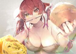  alternate_costume bare_shoulders blurry blurry_foreground bowl breasts chopsticks cleavage collarbone commentary female food foreshortening from_below hair_between_eyes hair_ribbon heterochromia holding hololive houshou_marine large_breasts long_hair looking_at_viewer mouth_hold red_eyes red_hair red_ribbon ribbon rice rice_bowl solo steam strap_gap strap_slip twintails upper_body virtual_youtuber wankosukii yellow_eyes 