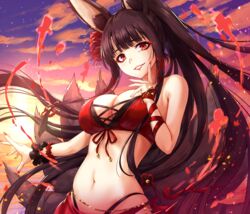  akagi_(azur_lane) akagi_(paradise_amaryllis)_(azur_lane) alternate_hairstyle animal_ear_fluff animal_ears azur_lane bare_shoulders belly_chain bikini black_scrunchie blush bracelet breasts brown_hair cleavage commentary_request cowboy_shot eyeliner female floating_hair flower fox_ears fox_tail hair_flower hair_ornament hand_up highleg highleg_bikini highres jewelry large_breasts long_hair looking_at_viewer makeup multiple_tails nail_polish navel official_alternate_costume official_art parted_lips ponytail red_bikini red_eyes red_nails red_sarong ribbon sakiyamama sarong scrunchie smile solo stomach swimsuit tail very_long_hair wrist_ribbon wrist_scrunchie 