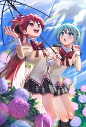  2girls black_skirt blue_eyes blue_hair blue_sky blush bow bowtie cloud feet_out_of_frame flower hair_ornament hairclip highres holding holding_umbrella hydrangea leaf long_hair mahou_shoujo_madoka_magica mahou_shoujo_madoka_magica_(anime) miki_sayaka mitakihara_school_uniform multiple_girls outdoors plaid plaid_skirt pleated_skirt ponytail purple_flower red_bow red_bowtie red_eyes red_hair sakura_kyoko school_uniform short_hair skirt sky transparent transparent_umbrella umbrella very_long_hair yooki_(winter_cakes) 