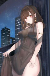  ahoge alternate_costume armlet bare_shoulders blunt_bangs blush breasts brown_hair cleavage closed_mouth clothes_lift dress dress_lift dsr-50_(girls&#039;_frontline) dsr-50_(highest_bid)_(girls&#039;_frontline) evening_gown female girls&#039;_frontline highres jewelry large_breasts long_hair looking_at_viewer official_alternate_costume red_eyes ring ru_zhai see-through see-through_cleavage sidelocks smile solo thighs very_long_hair wedding_ring 