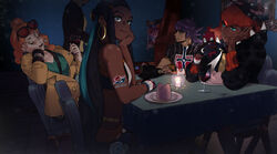  1other 2boys 2girls absurdres alcohol aqua_eyes arm_tattoo blue_eyes champion_uniform commentary couple crop_top cup dark-skinned_female dark-skinned_male dark_skin drinking_glass english_commentary eyewear_on_head gloves head_rest highres indoors krabby leon_(pokemon) light_smile mer_(watercups) mixed-language_commentary multiple_boys multiple_girls nessa_(pokemon) orange_hair pokemon pokemon_(creature) pokemon_swsh purple_hair raihan_(pokemon) red-tinted_eyewear restaurant rotom rotom_phone side_ponytail single_glove sitting sonia_(pokemon) straight sunglasses tattoo tinted_eyewear very_dark_skin wine wine_glass 