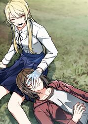  2girls ^_^ alternate_eye_color black_hair blonde_hair closed_eyes commentary_request covering_one_eye glasses grass grin highres jacket kamikoshi_sorawo long_hair lying lying_on_lap multiple_girls nishina_toriko shadow short_hair sitting skirt smile sweatdrop tastybab transparent transparent_hand urasekai_picnic 