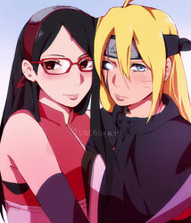  absurdres blonde_hair blue_eyes blush boruko boruto:_naruto_next_generations breasts cowboy_shot facial_mark female from_behind genderswap_(mtf) heart highres junebuart large_breasts long_hair looking_at_viewer looking_back naruto_(series) parted_lips rule_63 sexy_no_jutsu skindentation solo twintails uzumaki_boruto whisker_markings 