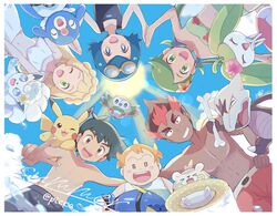  3boys 3girls ;d alolan_form alolan_marowak alolan_vulpix bangs blonde_hair blue_eyes blue_hair bone brown_hair clawitzer cloud day from_below gen_1_pokemon gen_6_pokemon gen_7_pokemon goggles goggles_on_head highres holding_hands kiawe_(pokemon) lana_(pokemon) lillie_(pokemon) long_hair looking_at_viewer mallow_(pokemon) mei_(maysroom) multiple_boys multiple_girls on_shoulder one-piece_swimsuit one_eye_closed open_mouth orange_hair outdoors pikachu pokemon pokemon_(anime) pokemon_(creature) pokemon_on_shoulder pokemon_sm_(anime) popplio red_hair rowlet satoshi_(pokemon) shirtless short_hair shorts sky smile sophocles_(pokemon) starfish_hair_ornament staryu steenee sun swimsuit symbol_commentary teeth togedemaru tongue v white_swimsuit 