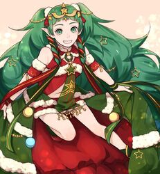  bad_id bad_twitter_id braid christmas_ornaments commentary female fire_emblem fire_emblem:_three_houses fire_emblem_heroes fur_trim green_eyes green_hair grin hair_ornament hair_ribbon long_hair pointy_ears ribbon ribbon_braid same2725 side_braid smile solo sothis_(fire_emblem) sothis_(winter)_(fire_emblem) tiara twin_braids 