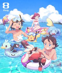  2boys barefoot black_hair blue_eyes bruxish chloe_(pokemon) cloud dated day ducklett female gen_1_pokemon gen_4_pokemon gen_5_pokemon gen_7_pokemon gen_8_pokemon goh_(pokemon) green_eyes highres innertube long_hair mei_(maysroom) multiple_boys navel on_head open_mouth outdoors pikachu pokemon pokemon_(anime) pokemon_(creature) pokemon_on_head pokemon_swsh_(anime) raboot red_hair riolu satoshi_(pokemon) shirtless sitting sky snorkel sobble sunglasses swimming swimsuit teeth tongue water yamper 