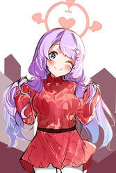  absurdres alternate_costume blue_archive female glimer3048 halo hanae_(blue_archive) hanae_(christmas)_(blue_archive) highres long_hair looking_at_viewer official_alternate_costume pantyhose purple_hair simple_background solo white_background white_pantyhose 