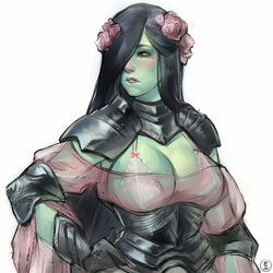  armor bad_id bad_tumblr_id biting_own_lip blue_eyes borrowed_character bra breasts cleavage colored_skin cropped elbow_pads female female_orc flower gauntlets gorget green_skin hair_flower hair_ornament hair_over_one_eye highres large_breasts lingerie lips long_hair mole mole_under_eye nat_the_lich nina_(scathegrapes) orc original photoshop_(medium) plate_armor rose see-through shoulder_armor simple_background solo straight_hair tusks underwear upper_body white_bra 