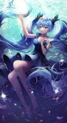  ahoge air_bubble arm_up bare_legs barefoot black_dress blue_eyes blue_hair breasts bubble cleavage collarbone commentary dress feet female full_body glint hair_between_eyes hatsune_miku hayun highres jellyfish legs light_rays long_hair medium_breasts parted_lips shinkai_shoujo_(vocaloid) sleeveless sleeveless_dress solo strap_slip sunlight twintails underwater very_long_hair vocaloid 