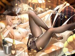  absurdres azur_lane bare_shoulders bikini bikini_top_only bikini_under_clothes black_hat black_pantyhose black_shorts blurry bottle breasts coin covered_mouth crop_top cross cross_necklace cuffs depth_of_field feet female floating_hair foot_out_of_frame foot_up gloves gold_coin gun handcuffs handgun hat highres holding holding_gun holding_handcuffs holding_weapon ice indoors jewelry kirov_(azur_lane) lamp large_breasts leg_up legs long_hair looking_at_viewer necklace no_shoes pantyhose peaked_cap phonograph police_hat reclining see-through see-through_legwear short_shorts shorts sideboob sidelocks sitting solo swimsuit thighs toes very_long_hair weapon white_gloves xiongshouji yellow_eyes zipper zipper_pull_tab 