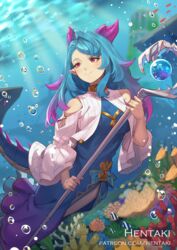  air_bubble animal artist_name bare_shoulders blue_dress blue_hair blurry blurry_background blush breasts bubble closed_mouth clothing_cutout commentary coral dappled_sunlight day depth_of_field dragalia_lost dress english_commentary female fish gradient_hair hentaki holding holding_staff horns humanoid_mercury_(dragalia_lost) long_hair long_sleeves looking_away looking_to_the_side medium_breasts multicolored_hair orb outdoors pointy_ears purple_hair red_eyes shirt shoulder_cutout smile solo spiked_tail staff sunlight swept_bangs tail underwater water watermark web_address white_shirt wide_sleeves 