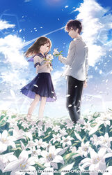  1boy absurdres black_pants blue_neckwear blue_sailor_collar blue_skirt blue_sky brown_eyes brown_hair closed_mouth cloud day female field flower flower_field highres holding holding_flower lily_(flower) long_hair long_sleeves medium_skirt original outdoors pants pleated_skirt sailor_collar sailor_shirt school_uniform sena_tea29 serafuku shirt skirt sky swept_bangs white_flower white_shirt 