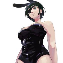  absurdres animal_ears artist_name black_hair black_leotard blue_eyes breasts chainsaw_man commentary eyepatch fake_animal_ears female from_below highres himeno_(chainsaw_man) leotard looking_at_viewer parted_lips pastepiphany playboy_bunny rabbit_ears short_hair simple_background smile solo strapless strapless_leotard textless_version white_background 