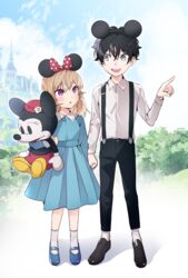  1boy :d :o black_footwear black_hair black_pants blush bow bush castle collared_dress collared_shirt commentary_request day disney doromame dress female frilled_shirt_collar frills full_body grey_eyes hair_between_eyes height_difference highres holding_hands hugging_doll hugging_object light_brown_hair lolicon long_hair long_sleeves looking_at_another mary_janes mickey_mouse_ears minnie_mouse nakiri_asahi nakiri_erina open_mouth pants pleated_dress pointing polka_dot polka_dot_bow purple_eyes shirt shoes shokugeki_no_souma short_hair smile socks stuffed_animal stuffed_mouse stuffed_toy suspenders teeth upper_teeth_only white_legwear white_shirt wing_collar 