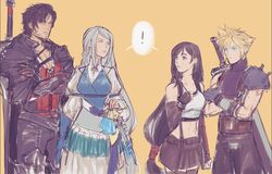  ! 2boys 2girls armor beard black_cape black_hair buster_sword cape clive_rosfield cloud_strife crop_top crossed_arms dress facial_hair final_fantasy final_fantasy_vii final_fantasy_vii_remake final_fantasy_xvi grey_hair highres in-franchise_crossover jill_warrick long_hair low-tied_long_hair miniskirt multiple_boys multiple_girls navel shared_speech_bubble shoulder_armor simple_background skirt slackertherubycat speech_bubble spiked_hair spoken_exclamation_mark stomach suspender_skirt suspenders tifa_lockhart weapon weapon_on_back yellow_background 