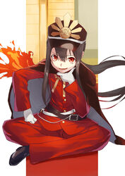  1boy belt black_footwear black_hair brown_belt brown_cape brown_hat cape fate/grand_order fate_(series) fire gloves hand_on_own_chin hat highres indian_style jacket jonsun long_hair long_sleeves looking_at_viewer male_focus oda_nobukatsu_(fate) pants peaked_cap pixiv_fate/grand_order_contest_2 ponytail red_eyes red_jacket red_pants shoes sitting smile solo very_long_hair white_gloves 