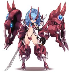  alfimi blue_hair fangs female highres holding holding_sword holding_weapon horn_ornament horns karukan_(monjya) katana mecha mecha_musume original persoenlichkeit red_eyes robot solo stomach super_robot_wars super_robot_wars_original_generation sword weapon white_background 