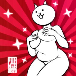  1:1 2023 breasts covering covering_breasts covering_self domestic_cat felid feline felis female gatogenerico hand_on_breast happy hi_res holding_breast mammal simple_face slightly_chubby smile solo the_battle_cats thick_thighs white_body wide_hips 