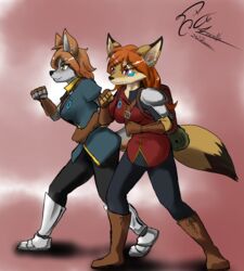  anthro bloodline bloodline_(webcomic) canid canine clothed clothing dekaisen duo ear_piercing female fox fur grey_body grey_fox grey_fur hair hi_res mammal piercing reader sil_(bloodline) simple_background urocyon 