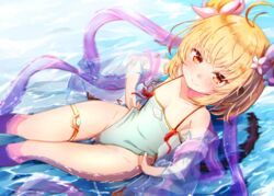  ahoge andira_(granblue_fantasy) andira_(summer)_(granblue_fantasy) animal_ears ass_visible_through_thighs baram bare_shoulders blonde_hair breasts casual_one-piece_swimsuit clothes_pull collarbone commentary erune female flower granblue_fantasy hagoromo hair_flower hair_ornament highres looking_at_viewer monkey_ears monkey_girl monkey_tail official_alternate_costume one-piece_swimsuit one-piece_swimsuit_pull red_eyes shawl short_hair small_breasts smile solo swimsuit tail thighlet water 