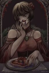  akujiki_musume_conchita_(vocaloid) bad_id bad_twitter_id banica_conchita bare_shoulders black_choker blood blood_from_mouth blue_blood brooch brown_eyes brown_hair choker collarbone detached_collar dress drug_of_gold_(vocaloid) evil_eyes evil_smile evillious_nendaiki female fingernails flower food hair_flower hair_ornament highres implied_cannibalism jewelry long_fingernails long_fingers meiko_(vocaloid) off-shoulder_dress off_shoulder plate qwt00tt red_dress red_lips shaded_face short_hair slit_pupils smile solo steak throne vocaloid wide_sleeves 