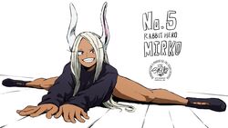  animal_ears black_sweater blonde_hair boku_no_hero_academia commentary dark-skinned_female dark_skin female grin highres long_hair looking_at_viewer lying mirko on_stomach outstretched_arms rabbit_ears rabbit_girl red_eyes sherumaru_(korcht06) smile solo split straddle_split sweater symbol-only_commentary 