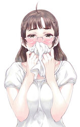  ahoge blush breasts brown_eyes brown_hair commentary_request covering_own_mouth female glasses highres holding long_hair looking_at_viewer medium_breasts nagimiso original semi-rimless_eyewear shirt short_sleeves simple_background solo straight-on t-shirt under-rim_eyewear upper_body white_background white_shirt 