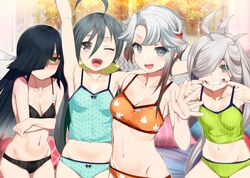  4girls :d ;d ahoge akishimo_(kancolle) arm_up asashimo_(kancolle) asymmetrical_bangs asymmetrical_hair black_hair blush bra breasts camisole crossed_arms duplicate gradient_hair grey_eyes grey_hair grin hair_between_eyes hair_over_one_eye hair_ribbon hand_up hayashimo_(kancolle) highres kantai_collection kiyoshimo_(kancolle) kusaka_souji long_hair looking_at_viewer low_twintails multicolored_hair multiple_girls navel one_eye_closed open_mouth panties pixel-perfect_duplicate ponytail ribbon sharp_teeth short_hair_with_long_locks sidelocks small_breasts smile stomach teeth twintails underwear underwear_only very_long_hair 