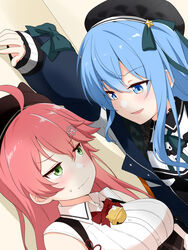  2girls absurdres ahoge animal_hat bell beret black_beret black_dress blue_eyes blue_hair blue_jacket blush bow bowtie breasts cat_hat clothing_cutout collared_dress commentary_request dress dutch_angle embarrassed eye_contact felutiahime green_eyes hair_between_eyes hat highres hololive hoshimachi_suisei hoshimachi_suisei_(casual) jacket jingle_bell kabedon large_breasts long_hair long_sleeves looking_at_another micomet_(hololive) multiple_girls neck_bell official_alternate_costume open_mouth pink_hair quilted_headwear red_bow red_bowtie sakura_miko sakura_miko_(casual) shirt shoulder_cutout smile smug star_(symbol) star_in_eye sweatdrop symbol_in_eye underbust virtual_youtuber wavy_mouth white_shirt yuri 