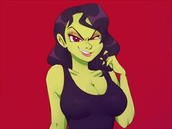  alternate_form bad_end banjo-kazooie black_hair breasts cleavage colored_skin female green_skin gruntilda_winkybunion hand_up large_breasts long_hair looking_at_viewer parted_lips red_background red_eyes simple_background skippyrip smile solo 