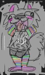  &lt;vampirefuuucker&gt; alternate_rainbow_pride_colors anthro bulge canid canine canis clothed clothing collar fur hybrid legwear lgbt_pride male mammal multicolored_clothing multicolored_legwear phone_drawing pride_colors rainbow_clothing rainbow_legwear rainbow_pride_colors screencap scribbles scribbles_(character) smile solo tongue tongue_out white_body white_fur wolfdog 