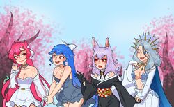  4girls animal_ears bao_(vtuber) bao_(vtuber)_(1st_costume) blue_cape blue_hair bow breasts cape cherry_blossoms cleavage cloud9 collarbone commission constellation dress elbow_gloves fox_ears fox_girl gloves grey_dress grey_hair hairbow highres indie_virtual_youtuber looking_to_the_side medium_breasts monarch_(amalee) multiple_girls navel nijisanji nijisanji_en nina_kosaka one_eye_closed open_mouth pants ponytail red_eyes roshie_(leraleralaii) second-party_source smile vienna_(vtuber) vienna_(vtuber)_(2nd_costume) virtual_youtuber white_bow white_dress white_gloves white_pants 