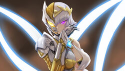  absurdres armor breasts camearra darkness_heels darkness_heels_lili dress energy_wings female glowing glowing_eyes grey_hair highres looking_to_the_side medium_breasts parted_lips power_armor purple_eyes redesign short_hair smile solo split_theme ultra_series ultraman_(hero&#039;s_comics) ultraman_suit white_dress yellow_eyes zerokun135 