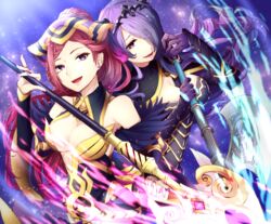  2girls :d axe bad_id bad_pixiv_id battle_axe black_cape braid breasts camilla_(fire_emblem) cape cleavage diadem fire_emblem fire_emblem_fates fire_emblem_heroes floating_hair hair_over_one_eye high_ponytail holding holding_polearm holding_weapon loki_(fire_emblem) long_hair medium_breasts multiple_girls open_mouth polearm purple_eyes purple_hair red_hair smile standing tida_2112 very_long_hair weapon 