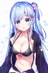  :o absurdres bad_id bad_twitter_id bikini black_bikini blue_eyes blue_hair blush borrowed_clothes breasts cleavage collarbone cosplay dana_(hapong07) female flower_knot front-tie_top hair_ornament hair_scrunchie halterneck highres jacket large_breasts long_hair long_sleeves looking_at_viewer natsuki_subaru natsuki_subaru_(cosplay) navel one_side_up open_clothes open_jacket parted_lips re:zero_kara_hajimeru_isekai_seikatsu rem_(re:zero) scrunchie sidelocks solo stomach swimsuit track_jacket upper_body 