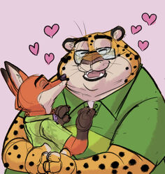  baron_puddin_paws benjamin_clawhauser canid canine cheetah chubby_cheeks closed_eyes clothed clothing digital_drawing_(artwork) digital_media_(artwork) disney duo eyewear felid feline fox fur glasses guide_lines hand_on_chest heart_symbol hi_res hug kissing male male/male mammal markings nick_wilde overweight overweight_male pink_background red_fox romantic romantic_couple simple_background size_difference smile spots spotted_body spotted_fur true_fox zootopia 