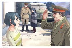  2boys 2girls :d beanie blue_hair boots border brown_hair car commentary dated eye_contact green_jacket hat horikou jacket looking_at_another manly military military_hat military_jacket military_uniform military_vehicle motor_vehicle multiple_boys multiple_girls open_mouth outdoors purple_eyes real_life salute shima_rin shima_saki signature smile soldier soviet soviet_army uaz-469 uniform white_border yurucamp 