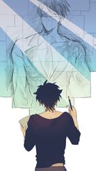  1boy black_hair black_shirt brown_hair facing_away highres holding holding_paper holding_pencil male_focus multicolored_hair necktie nocolour paper pencil portal_(object) shirt slow_damage solo standing towa_(slow_damage) two-tone_hair 