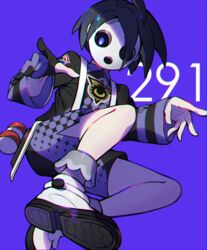  1boy ahoge allister_(pokemon) black_hair collared_shirt commentary gloves grey_socks highres long_sleeves looking_at_viewer looking_down male_focus mask mohazzing poke_ball poke_ball_(basic) pokemon pokemon_swsh print_shirt print_shorts purple_background purple_eyes shirt shoes shorts single_glove socks solo spread_fingers suspender_shorts suspenders white_footwear 