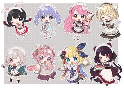  1boy 6+girls :d ;d ^_^ aizono_manami animal_ears apron asymmetrical_legwear black_footwear black_hair black_hairband black_kimono blonde_hair blue_eyes blue_hair blue_hakama blue_kimono blue_skirt blush_stickers boots braid breasts brown_dress brown_eyes brown_skirt cat_ears cat_girl cat_tail checkered_ribbon chibi cleavage cleavage_cutout closed_eyes clothing_cutout commentary_request cross-laced_footwear crown_braid cup dog_ears dog_girl dog_tail dotted_line dress elf elu_(6th_costume)_(nijisanji) elu_(nijisanji) frilled_apron frilled_hairband frills green_eyes grey_background grey_hair hair_between_eyes hair_ribbon hairband hakama hakama_skirt heterochromia holding holding_tray inui_toko japanese_clothes juliet_sleeves kimono kneehighs lace-up_boots long_hair long_sleeves maid maid_apron maid_headdress medium_breasts mononobe_alice multiple_girls nijisanji official_alternate_costume one_eye_closed open_mouth otoko_no_ko pantyhose parfait pink_hair pink_kimono pleated_skirt pointy_ears puffy_short_sleeves puffy_sleeves purple_eyes purple_hakama red_eyes red_skirt ribbon saucer shirt short_eyebrows short_sleeves single_kneehigh single_sock single_thighhigh skirt sleeves_past_fingers sleeves_past_wrists smile socks striped_clothes striped_pantyhose suzuya_aki suzuya_aki_(5th_costume) tail tea teacup teapot thick_eyebrows thighhighs tray tsukino_mito tsukino_mito_(9th_costume) twintails two-tone_background uneven_legwear ushimi_ichigo very_long_hair virtual_youtuber wa_maid waist_apron white_apron white_background white_legwear white_shirt yamabukiiro yuuki_chihiro 