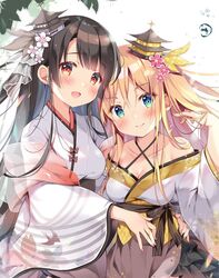  2girls :d black_bow black_hair blonde_hair bow breasts brown_skirt cleavage collarbone commentary_request copyright_request criss-cross_halter eshi_100_nin_ten flower ginkaku-ji green_eyes hair_flower hair_ornament halterneck hand_up japanese_clothes kimono kinkaku-ji long_hair long_sleeves medium_breasts multiple_girls open_mouth original pagoda pan_(mimi) personification pink_flower red_eyes see-through shawl skirt smile striped striped_bow very_long_hair water_drop white_background white_flower white_kimono wide_sleeves 