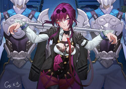  2boys armor arms_up artist_name black_coat blush bondage bondage boots bound bra breasts buttons chen_zi cloud_knight_(honkai:_star_rail) coat collar cowboy_shot dated defeat double-breasted eyewear_on_head female high_heel_boots high_heels highres honkai:_star_rail honkai_(series) kafka_(honkai:_star_rail) long_sleeves looking_at_viewer medium_hair multiple_boys nipple_slip nipples open_clothes purple_eyes purple_hair purple_nails shirt stairs sunglasses thighs underwear white_shirt 