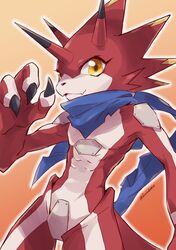  abs anthro bandai_namco betelgammamon cute_fangs digimon digimon_(species) digimon_ghost_game fucoidance hi_res horn male red_body scalie scarf solo yellow_eyes 