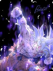  1boy abs absurdres arm_at_side artist_name aura bakarott blood blood_from_mouth blood_on_face blood_on_hands clenched_hand closed_mouth commentary_request dark_background darkness dirty dirty_clothes dirty_face dragon_ball dragon_ball_super feet_out_of_frame fighting_stance fingernails glowing grey_eyes highres legs_apart light_particles looking_at_viewer male_focus muscular muscular_male orange_pants outstretched_hand pants purple_theme serious simple_background solo son_goku spiked_hair topless_male torn_clothes torn_pants ultra_instinct white_hair wristband 