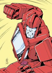  1980s_(style) 1boy 2019 angry autobot blue_eyes casey_w._coller clenched_hand clenched_teeth dated english_commentary highres ironhide looking_at_viewer male_focus mecha motion_lines no_humans open_hand punching retro_artstyle robot science_fiction signature solo teeth transformers transformers:_generation_1 upper_body yellow_background 