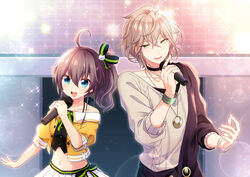  1boy :d ahoge bare_shoulders black_choker blue_eyes bracelet brown_hair cat_hair_ornament choker collarbone commentary_request crop_top female green_eyes hair_between_eyes hair_ornament half-closed_eyes holding holding_microphone hololive holostars indoors jacket jewelry light_brown_hair looking_at_viewer medium_hair microphone midriff music natsuiro_matsuri natsuiro_matsuri_(1st_costume) navel necklace nyokkiiiiin off-shoulder_jacket off_shoulder open_mouth pleated_skirt rikka_(1st_costume)_(holostars) rikka_(holostars) ring shirt short_hair side_ponytail singing single_sleeve skirt smile standing sweater teeth upper_body virtual_youtuber white_skirt yellow_jacket 