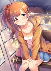  bow brown_eyes brown_hair collarbone dekosuke female ferris_wheel_interior hair_ornament hairbow highres idolmaster idolmaster_cinderella_girls igarashi_kyoko jewelry long_hair looking_at_viewer necklace side_ponytail 