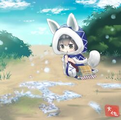  animal_ears animal_hood artist_name bad_id bad_twitter_id bag brown_hair cat_hood chibi cosplay fake_animal_ears felyne felyne_(cosplay) female full_body hood kaga_(kancolle) kantai_collection looking_down monster_hunter:_world monster_hunter_(series) outdoors sitting snowing solo taisa_(kari) tobi-kadachi_(armor) yellow_eyes 